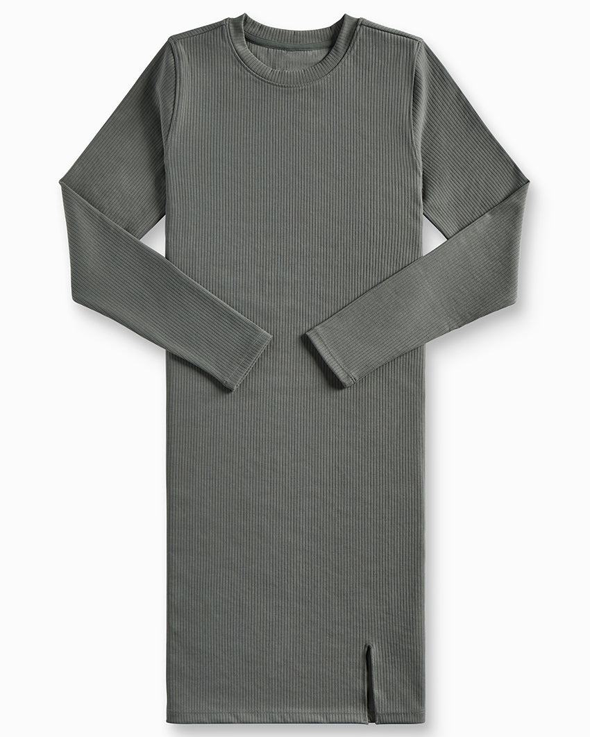 Rib Long Sleeve Split Hem Dress