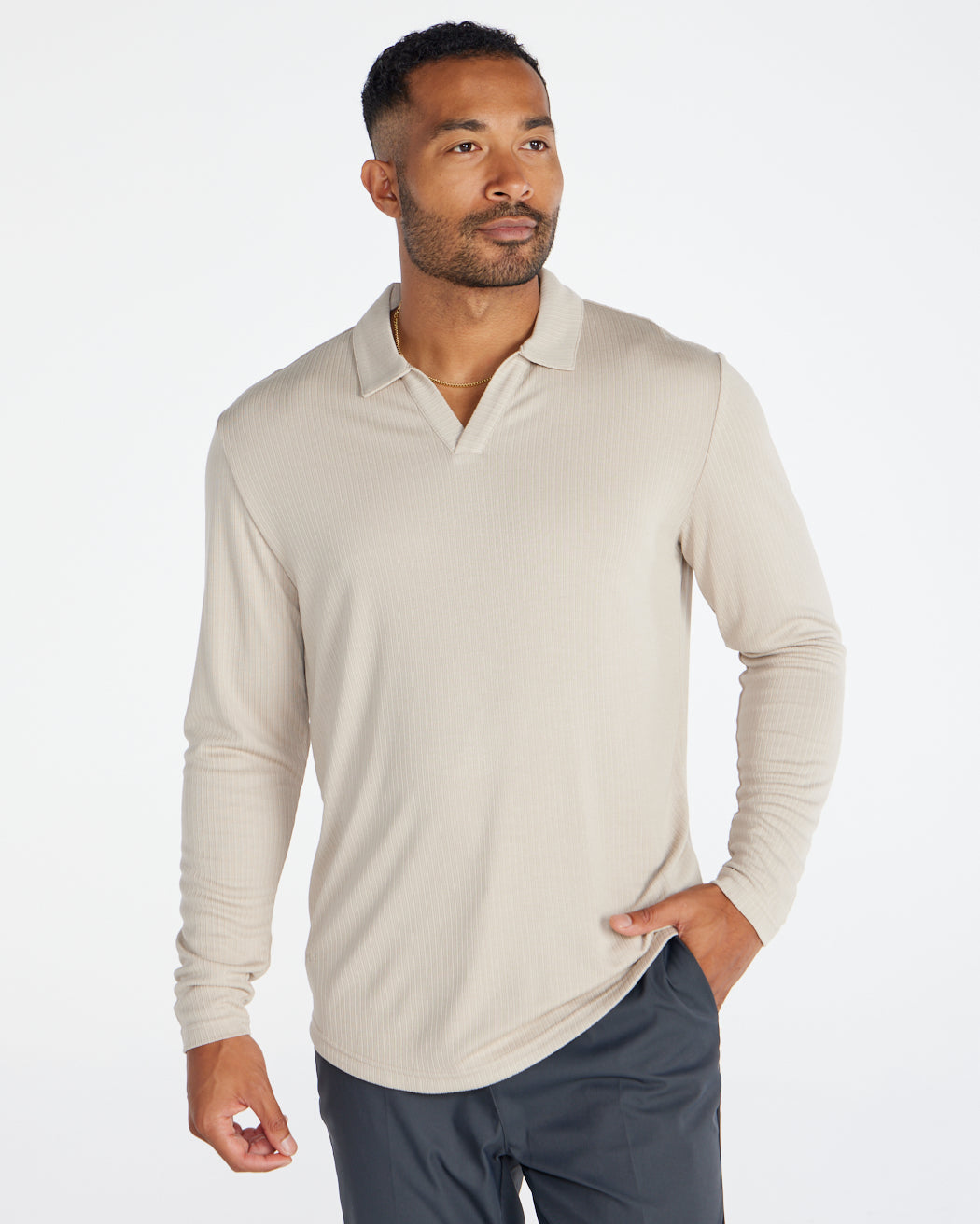 Ribbed Long Sleeve Open V Polo