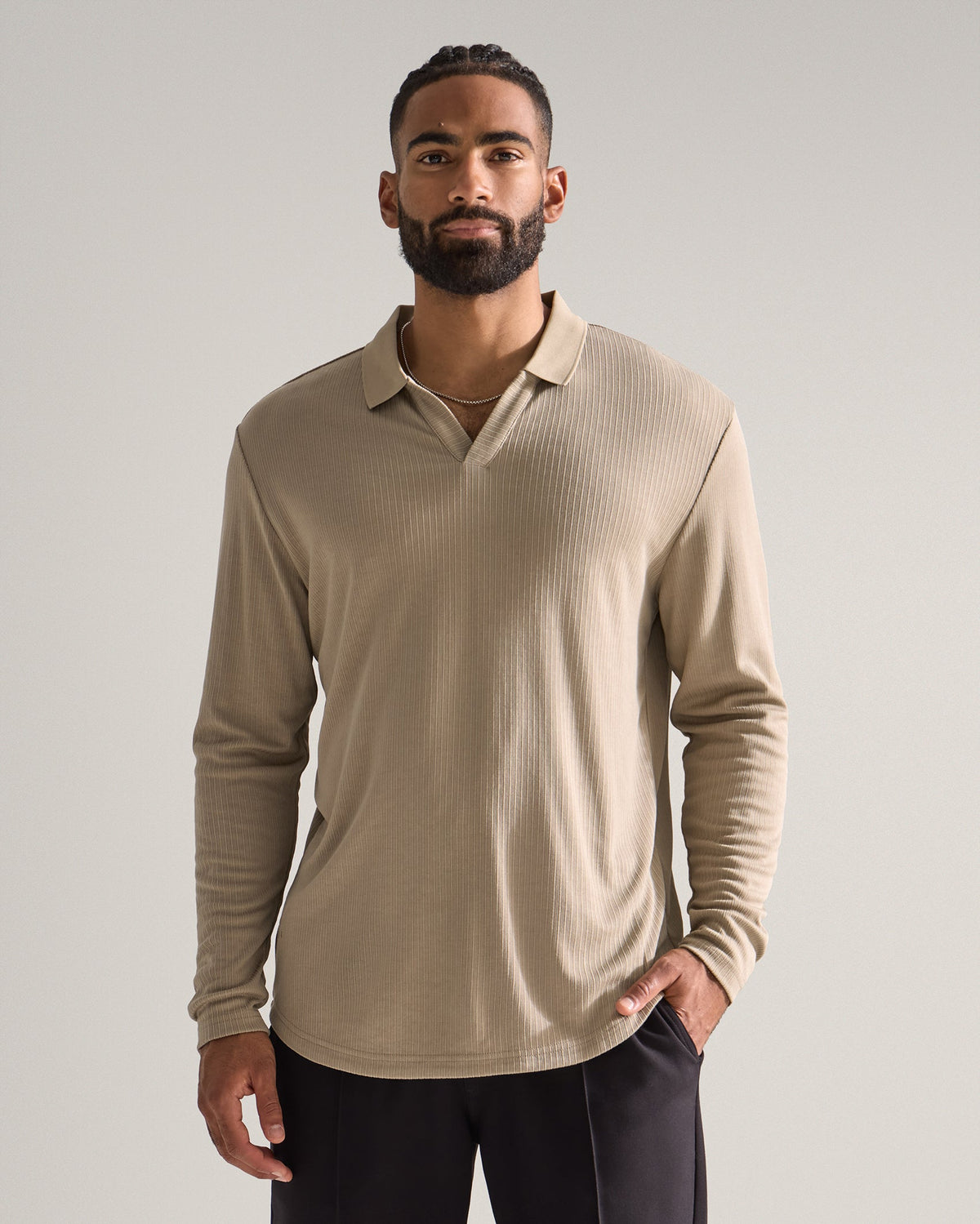 Ribbed Long Sleeve Open V Polo