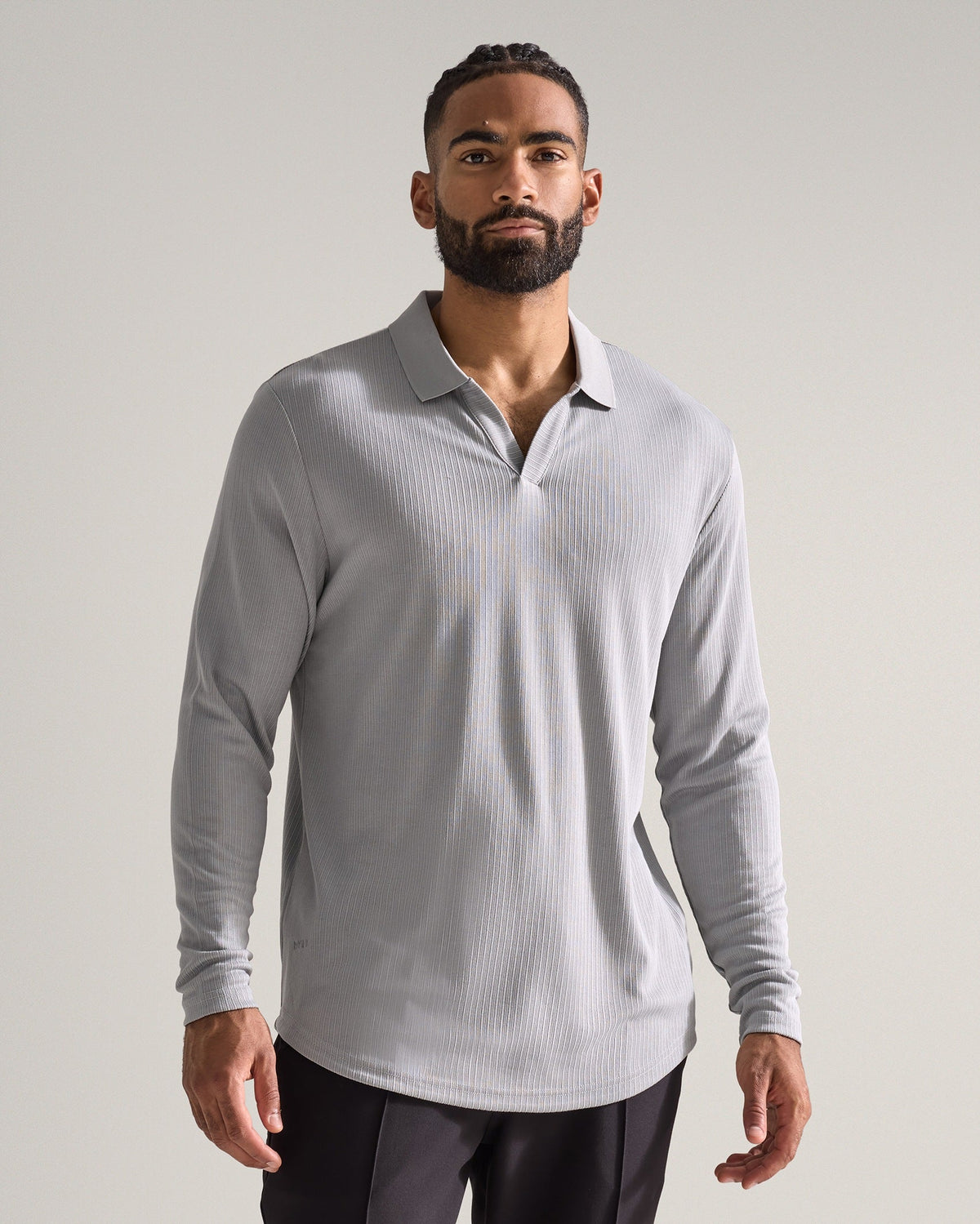Ribbed Long Sleeve Open V Polo