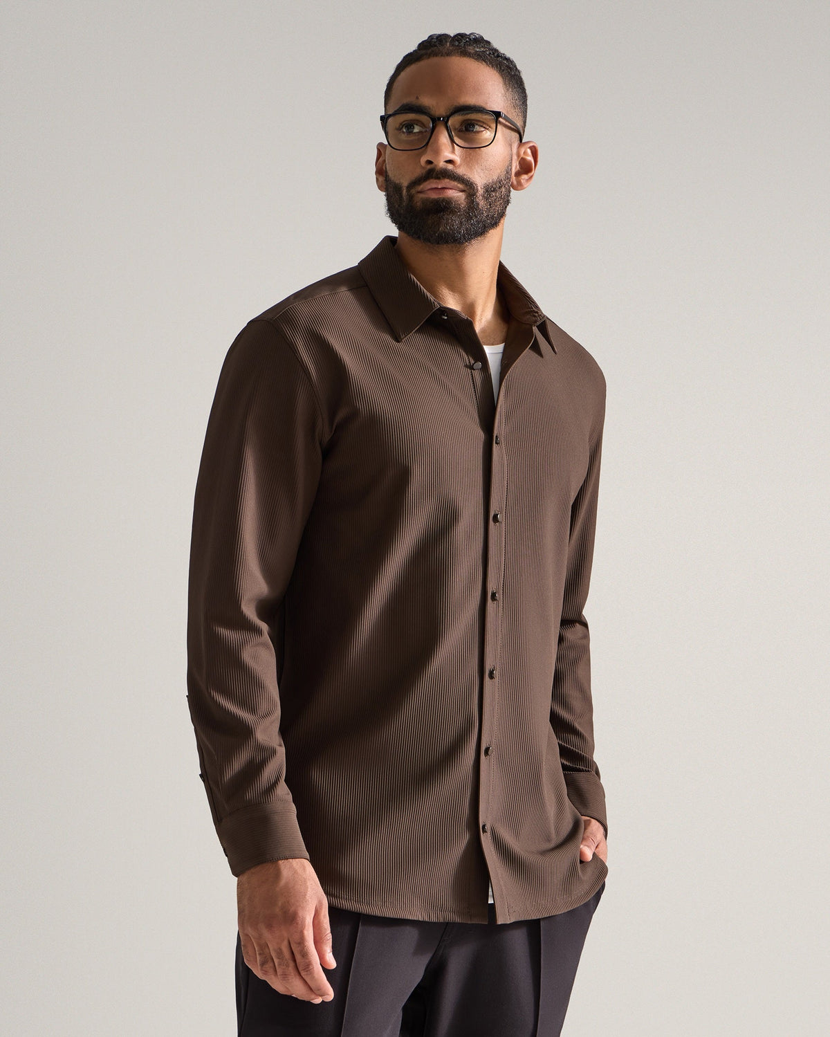 Ribbed+ Long Sleeve Button Down